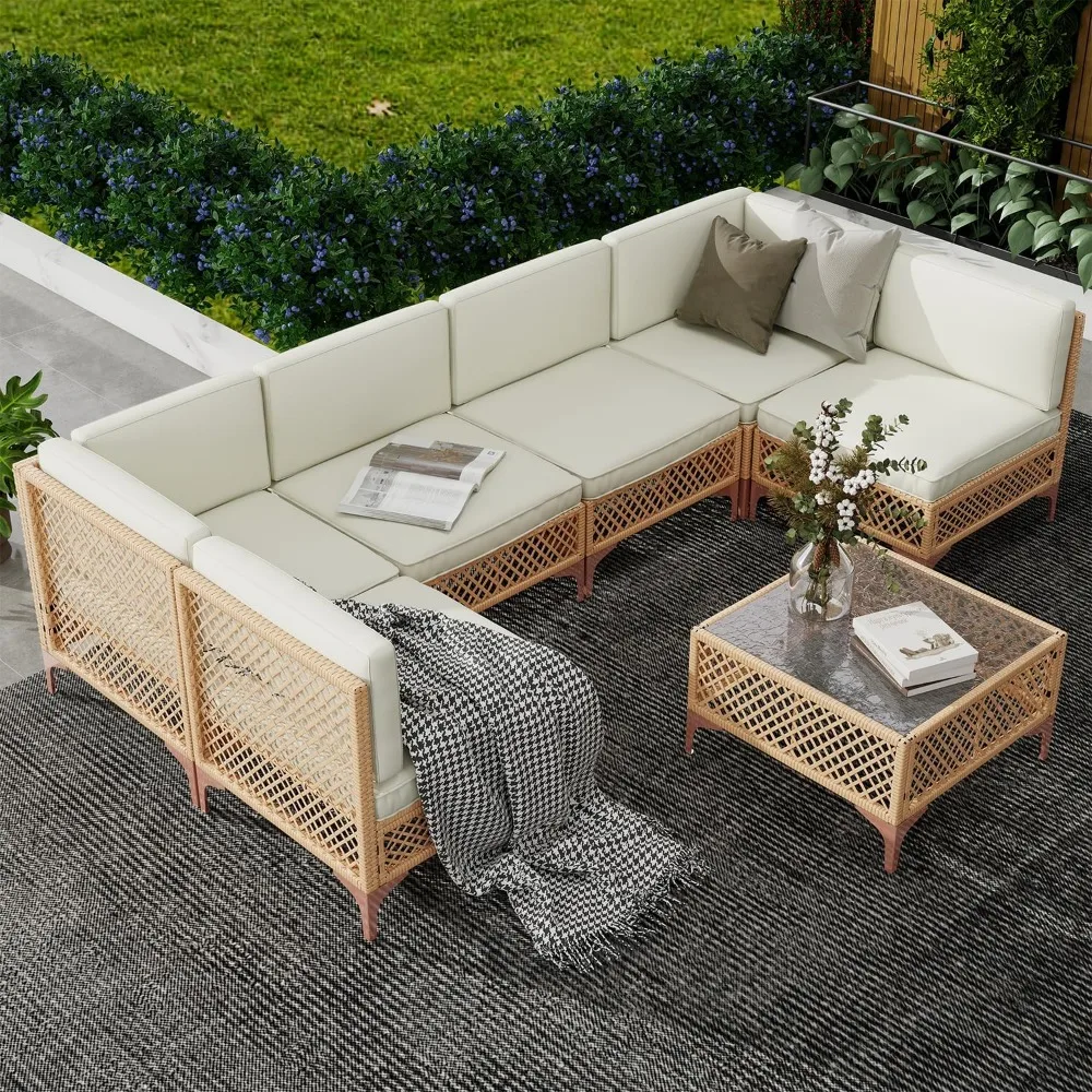 7 Piece Outdoor Patio Furniture Set, Boho Outdoor Patio Sectional Furniture Set, Wicker Outdoor Couch Set with Coffee Glass Tab