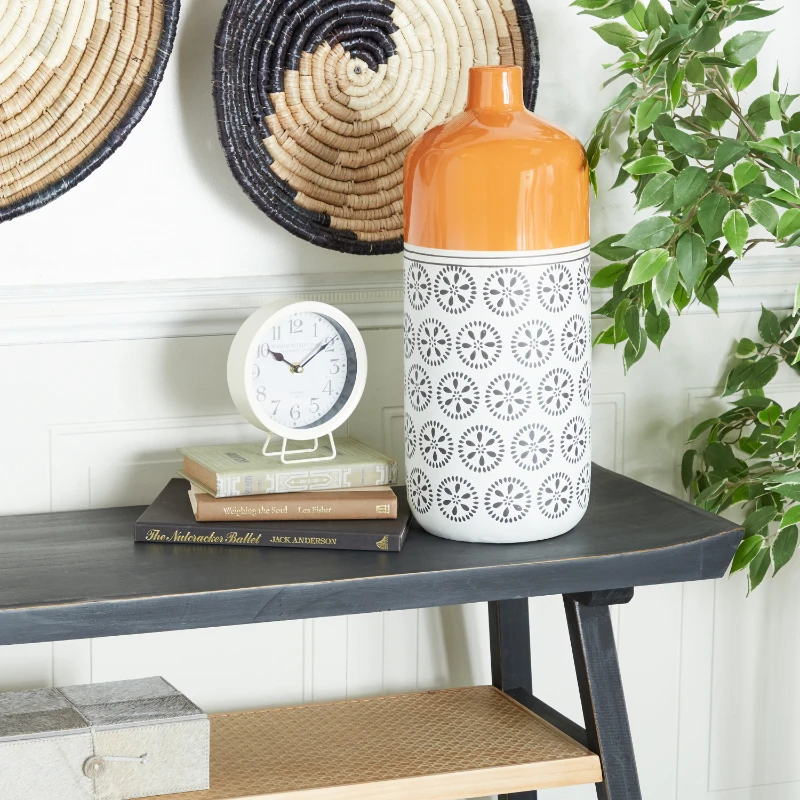 

20" Floral White Ceramic Vase with Orange