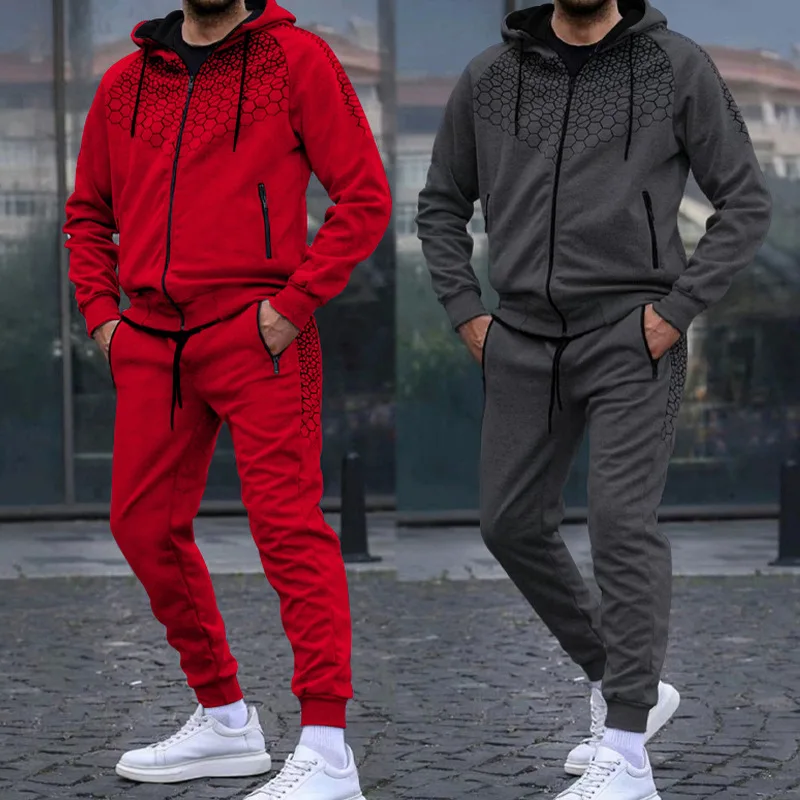 

Autumn Winter Men Zipper Hooded Cardigan Sweatpants Set Men Honeycomb Print Casual Fashion Set