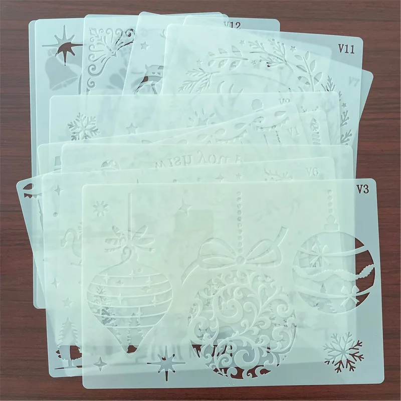 재사용 가능한 플라스틱 크리스마스 스텐실 세트 템플릿, 스프레이 창 유리 바디, 목재 DIY 공예품, 12 개