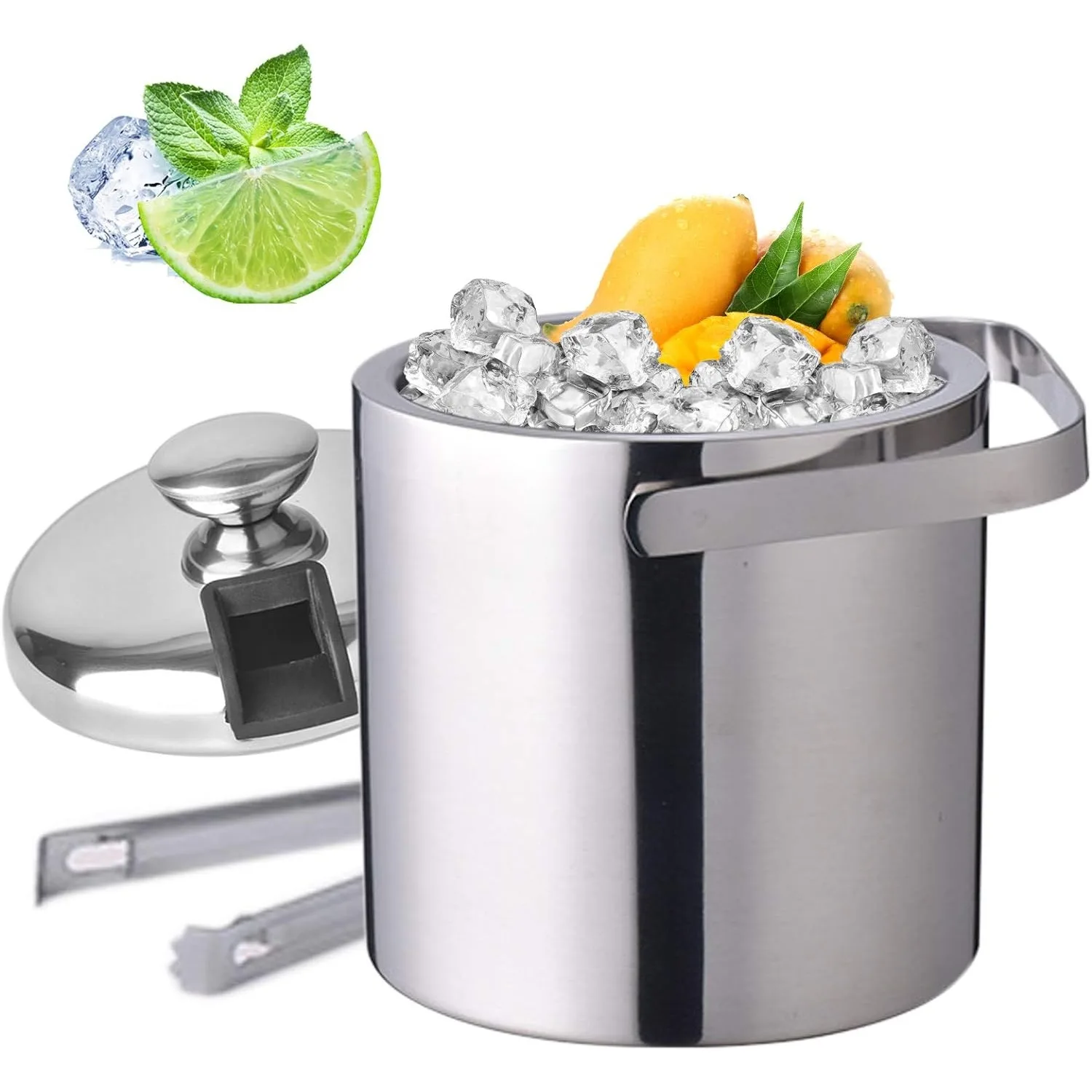 Ice Bucket with Lid and Tongs Double Wall Ice Bucket with Built in Tong and Removable Strainer for Parties, Bar, Picnics
