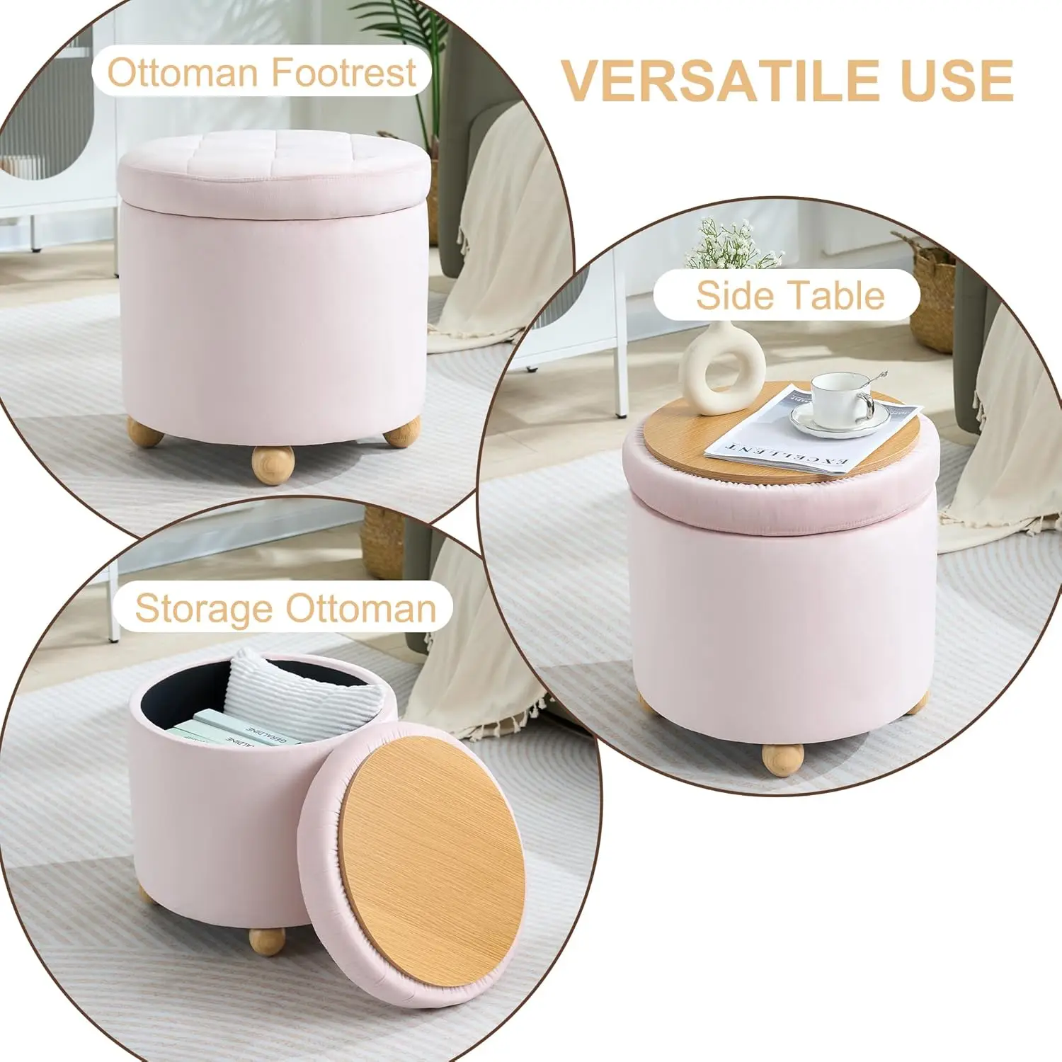 Round Storage Ottoman with Tray, Modern Tufted Fabric Foot Rest Ottoman with Wooden Spherical Feet Round Vanity Stool
