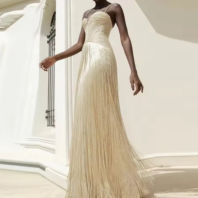 Sexy Off Shoulder Sleeveless Suspender Dress Women's Elegant High Waist Slim Tassel Long Dress Fashion Draped Solid Long Dress 3