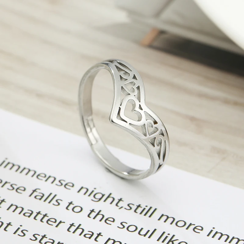 Stainless Steel Couple Rings Unift Romantic Stainless Steel Heart Ladies Open Ring Unique V Port Design Eternal Love Finger Couple Rings Engagement Jewelry