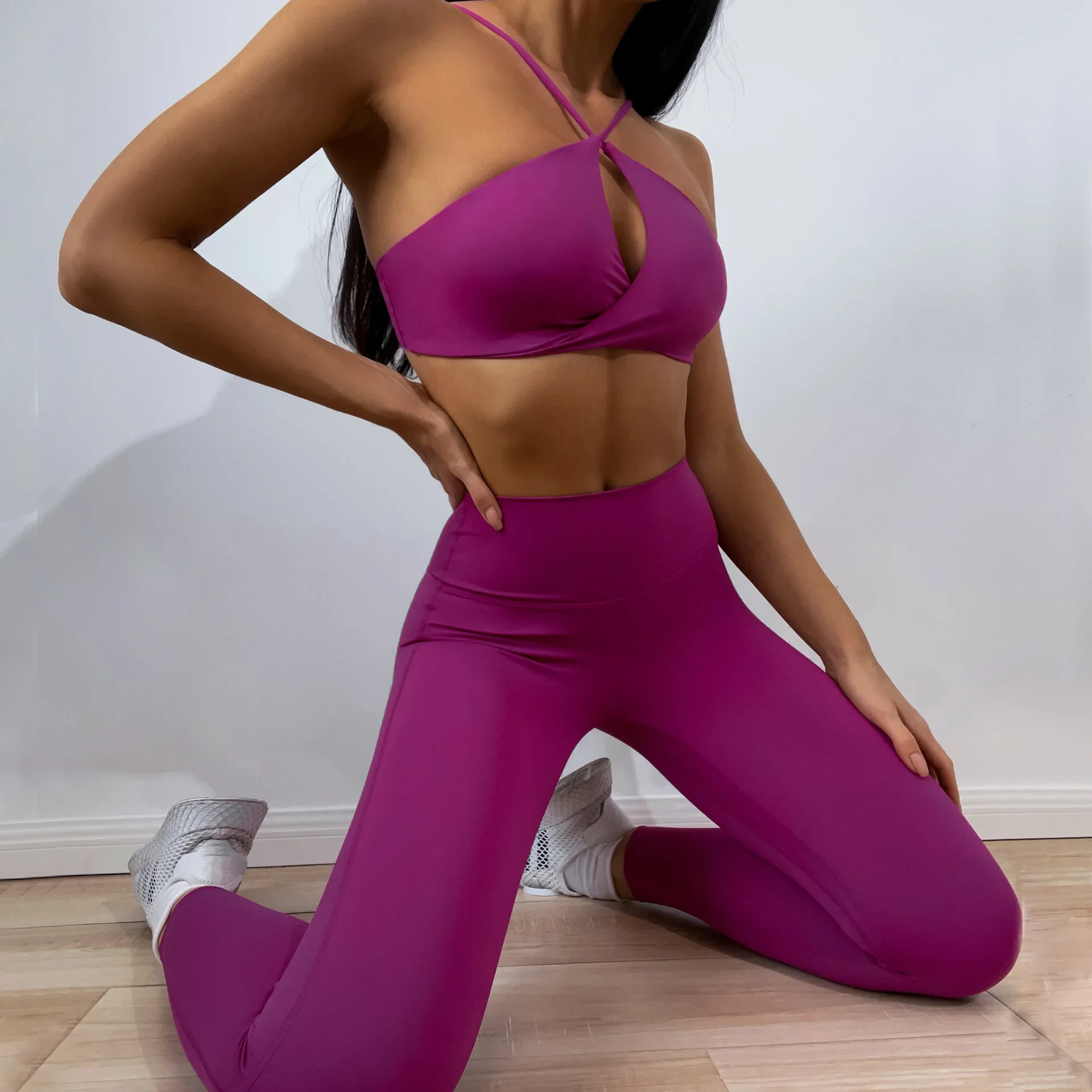 Fitness Yoga Set CUTIES Wrap Front Fitness Yoga Set Women Luxury Scrunch Booty Leggings Workout Clother Purple Sport Bra Gym Sport Suit Tracksuit yoga set sports set gym workout set sportswear set fitness set sports bra set yoga pants set