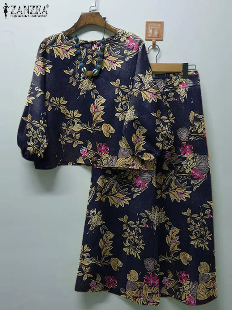 

ZANZEA Women Bohemian 3/4 Sleeve Blouse Wide Leg Pants Sets Loose Tracksuit 2pcs Outifits Vintage Floral Printed Trousers Suits