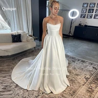 Qunque Strapless Satin Wedding Dress A-Line Boho Pleat Train Bridal Gowns Customized Detachable Long Lace Sleeves Bride Dresses 1