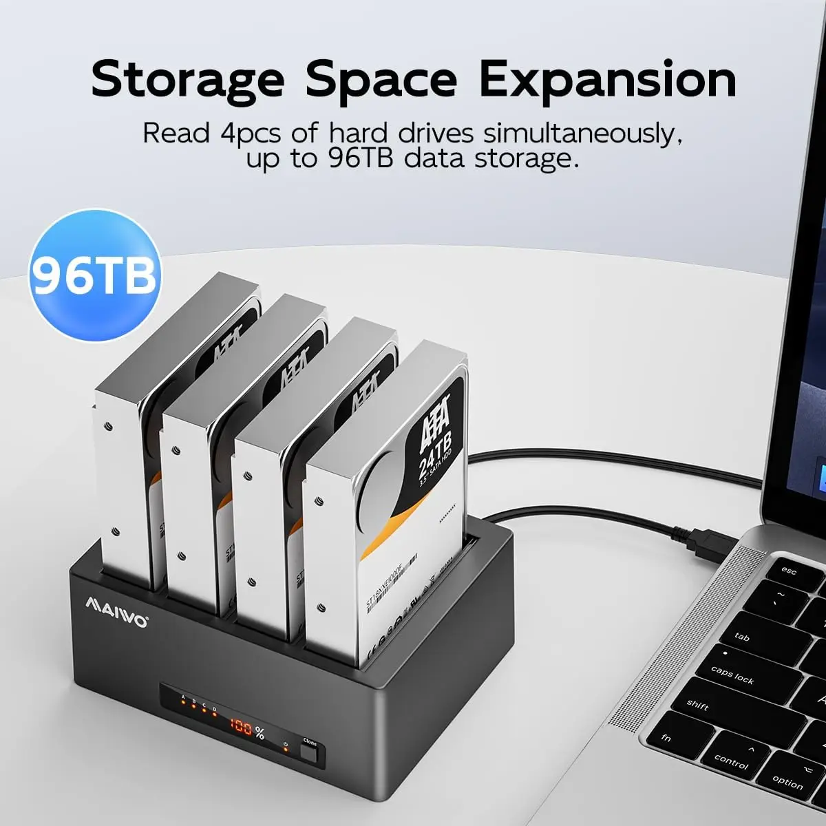 MAIWO 4베이 하드 드라이브 인클로저, 2.5/3.5인치 HDD SATA를 USB 3.0 외장 SSD/HDD 도킹 스테이션으로 변환, 오프라인 클론 기능 탑재