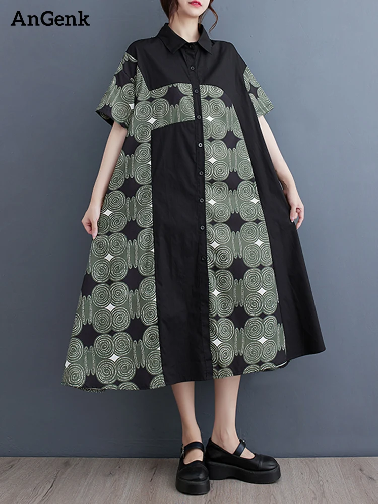 

Женское платье-рубашка с коротким рукавом, черное свободное повседневное длинное платье с винтажным принтом в стиле пэчворк, лето 2023