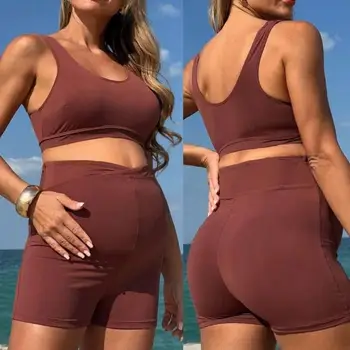 Maternity Swimwear Set Soft Nylon Fabric High Elasticity Comfortable Two Piece Swimsuit Multiple Size for Pregnant Women A2UB