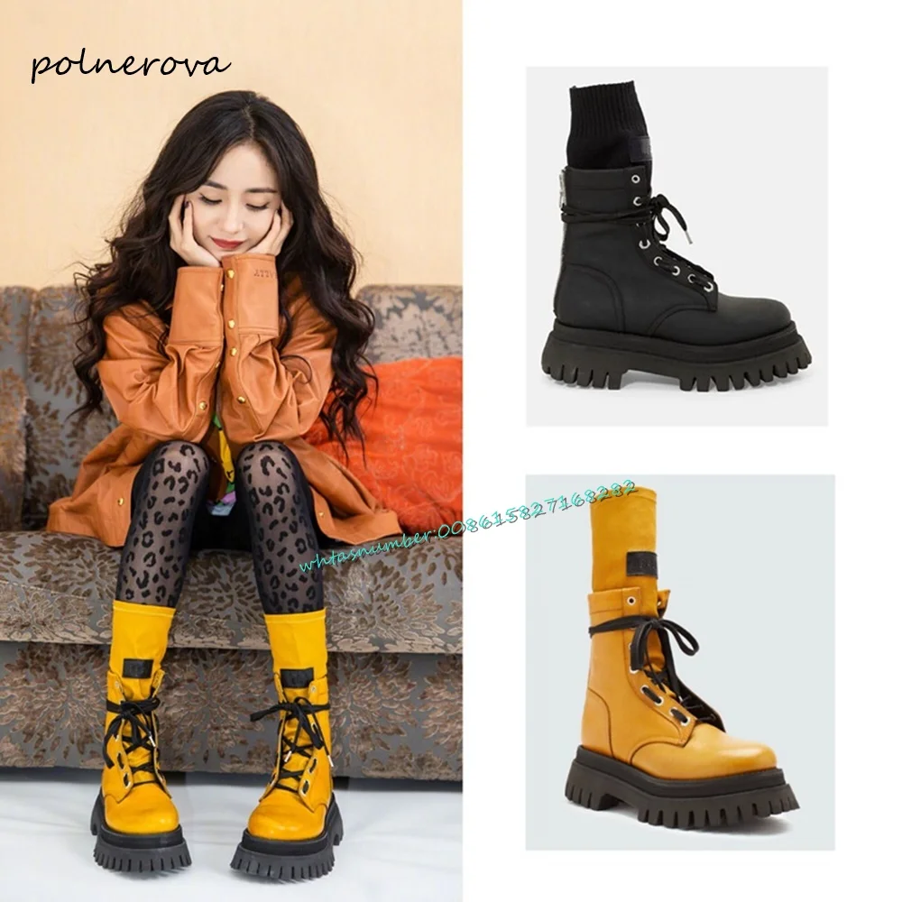 

Newest Patchwork Mid-Calf Boots Lace-Up Thick Sole Boots Daily Party Shoes for Women 2023 Autumn Winter Newest Leisure Fashion
