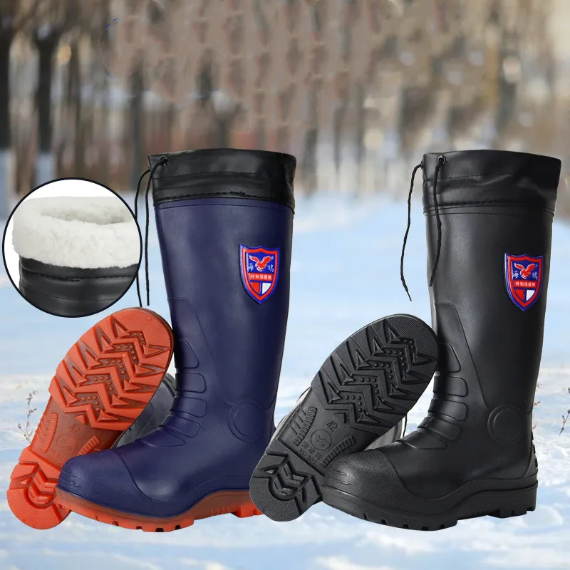 Winter Warm Men High Drum Rain Shoes Cotton Overshoes Thickened Plush Rubber Boots Waterproof AntiSlip Work Car Washing Fishing
