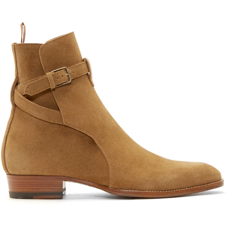 

British style Brown Genuine Leather Suede Belt Buckle Ankle Boots Man Square Heel Barber Boots Outdoor Shoes Male Vintage Boots