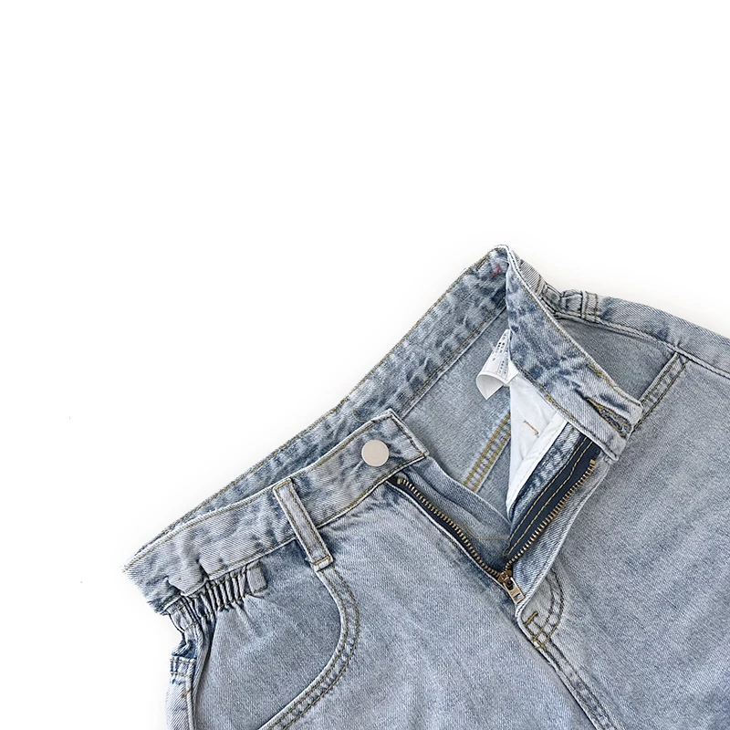 Summer retro blue washed loose slim A-line rolled edge denim shorts