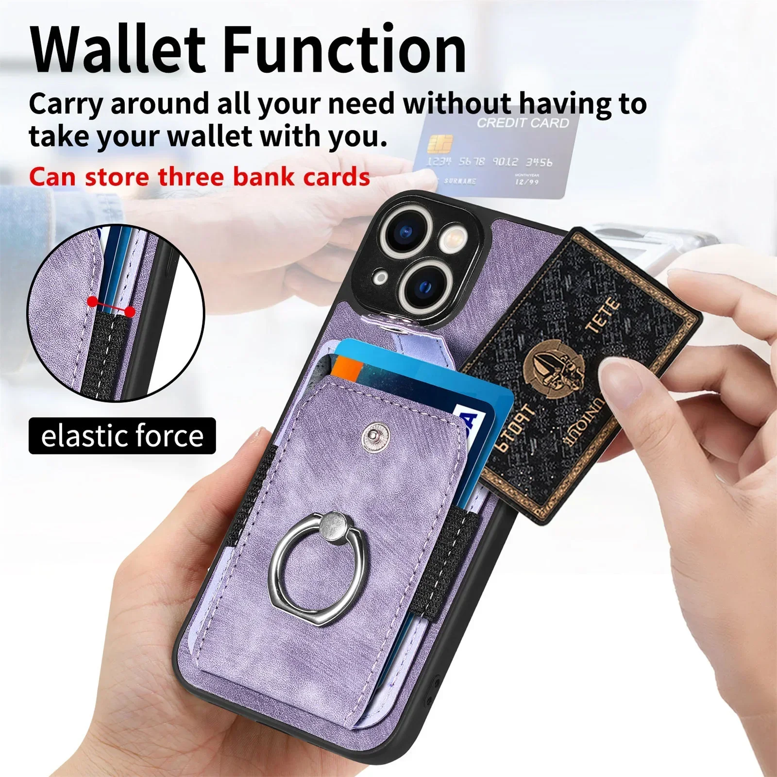 Magnetic Finger Ring Holder Phone Case with Wallet Card Slot and PU Leather Cover