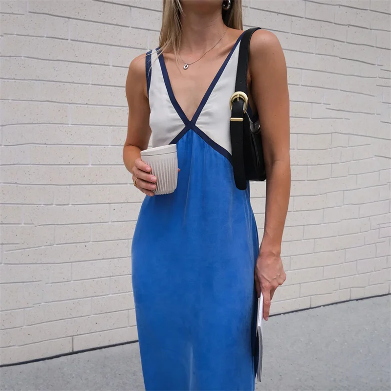 Vestido elegante de verano para mujer, con cuello en V, sin mangas, con patchwork de colores contrastantes, largo y sexy para fiesta de noche.