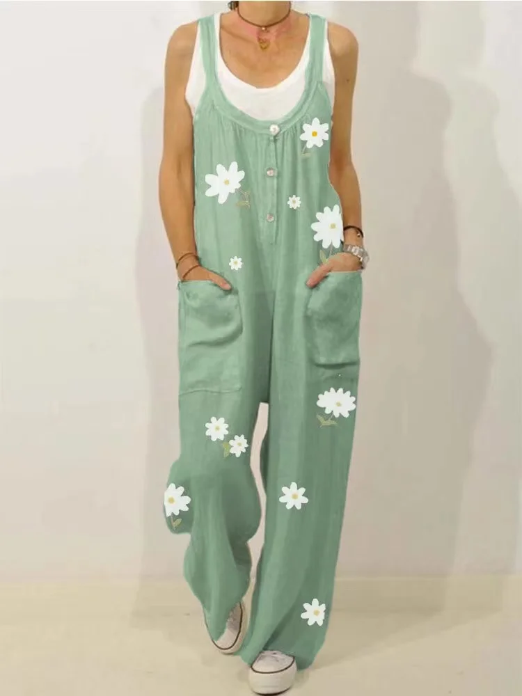 Vintage Pocket Floral Daisy Print Jumpsuit Casual Romper Long Playsuit Strap Button Summer Female Bodysuit Boho Casual Trousers