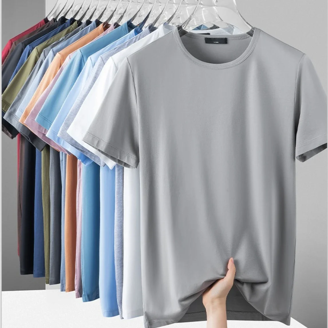 

Ice Silk T-shirt Men's Short Sleeve Solid Summer Thin Quick Drying Elastic Modal Cotton Ice Feel Top Half Sleeve