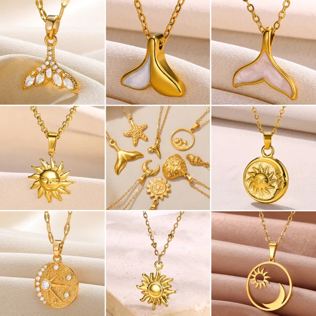 Sun Necklace Shell Choker Mermaid Tail Necklaces For Women Starfish Collar Ocean Series Summer Jewelry Stainless Steel Chain 2