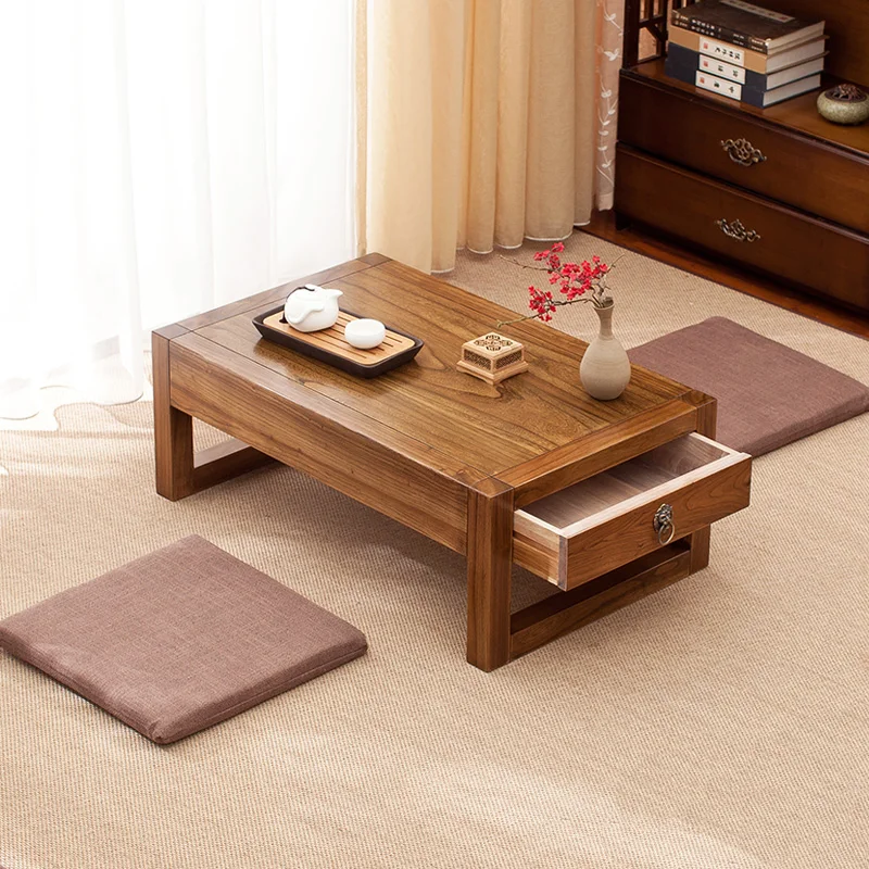 

Caoyiju simple tatami tea table kang table solid wood window table Japanese balcony small tea table Zen drawer low table
