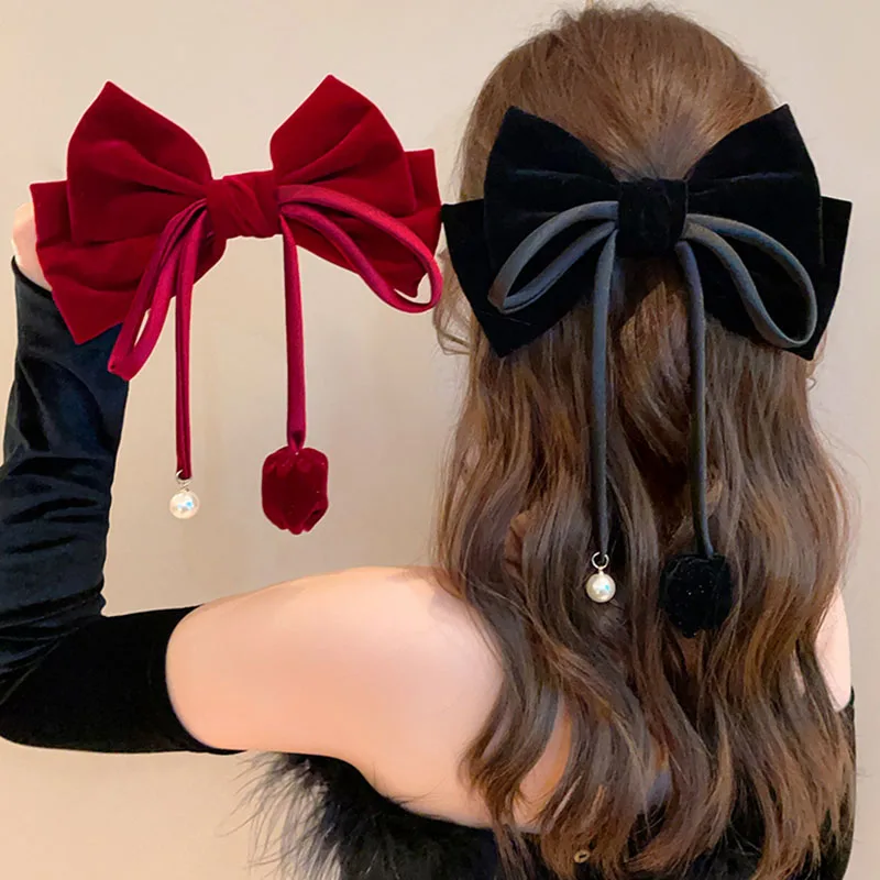 

New Fashion Solid Colour Velvet Bow hair clip For Women Elegant Pearl Tassels Hairpin Simple ponytail clip Hair Accessories