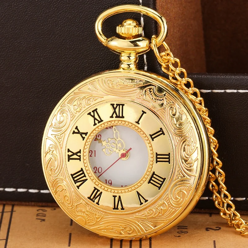 

Luxury Golden Pocket Watch Carved Roman Numeral Case Hollow Out Timepiece for Men Women Quartz Movement Clock Sweater Chain