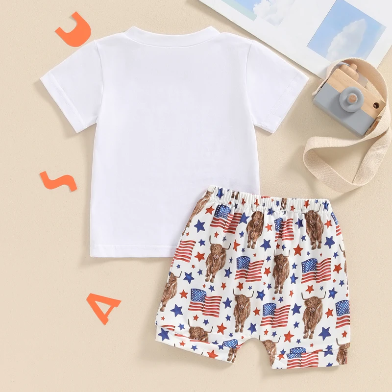 0-3Y Toddler Baby Boy 4th of July Outfits Short Sleeve Tops + Cow Print Shorts Set Western Clothes 5