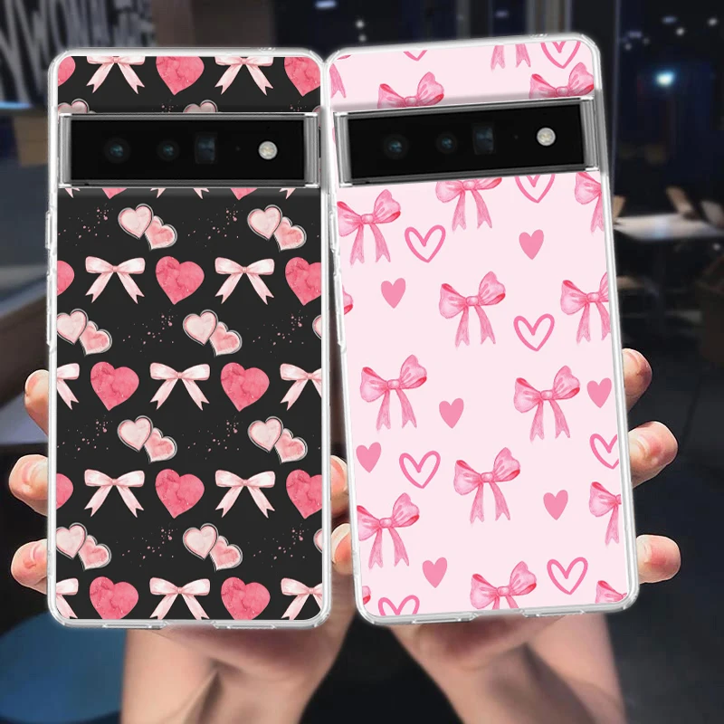 Elegant Soft Clear TPU Phone Case with Cute Pink Heart and Bow Design