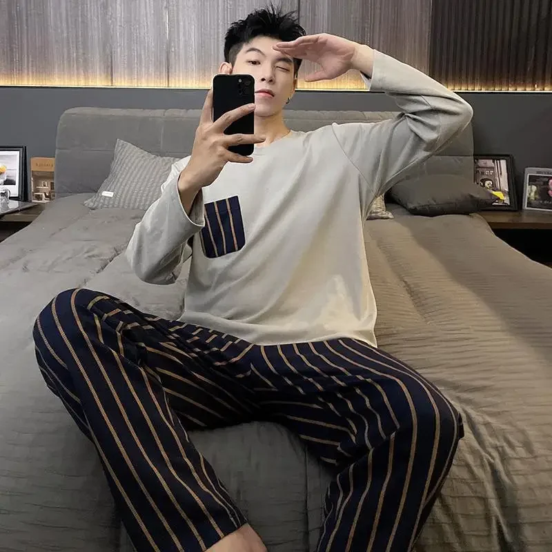 New Autumn Men's Pajama Set Double Pocket Comfortable Loose Fit Casual Style Simple Design Sleepwear Male Nightwear