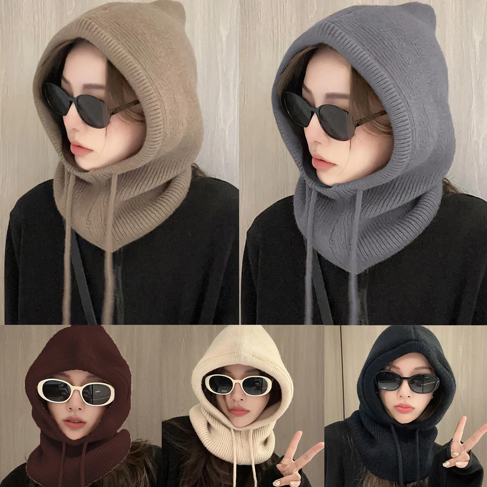 2024 Knitted Balaclava Hats Neck Ring Snood Ear Protection Beanies Men Women Hooded Caps Unisex Warm Drawstring 1Pcs Solid Color 5
