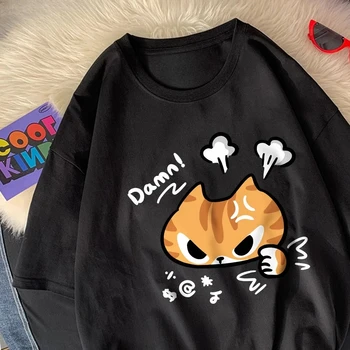 The Angry Cat Printed Round-neck  and Womens Top Clothing 2025 New Fashion Summer Woman Clothing Cartoon Ladies Graphic T-Shirt 1