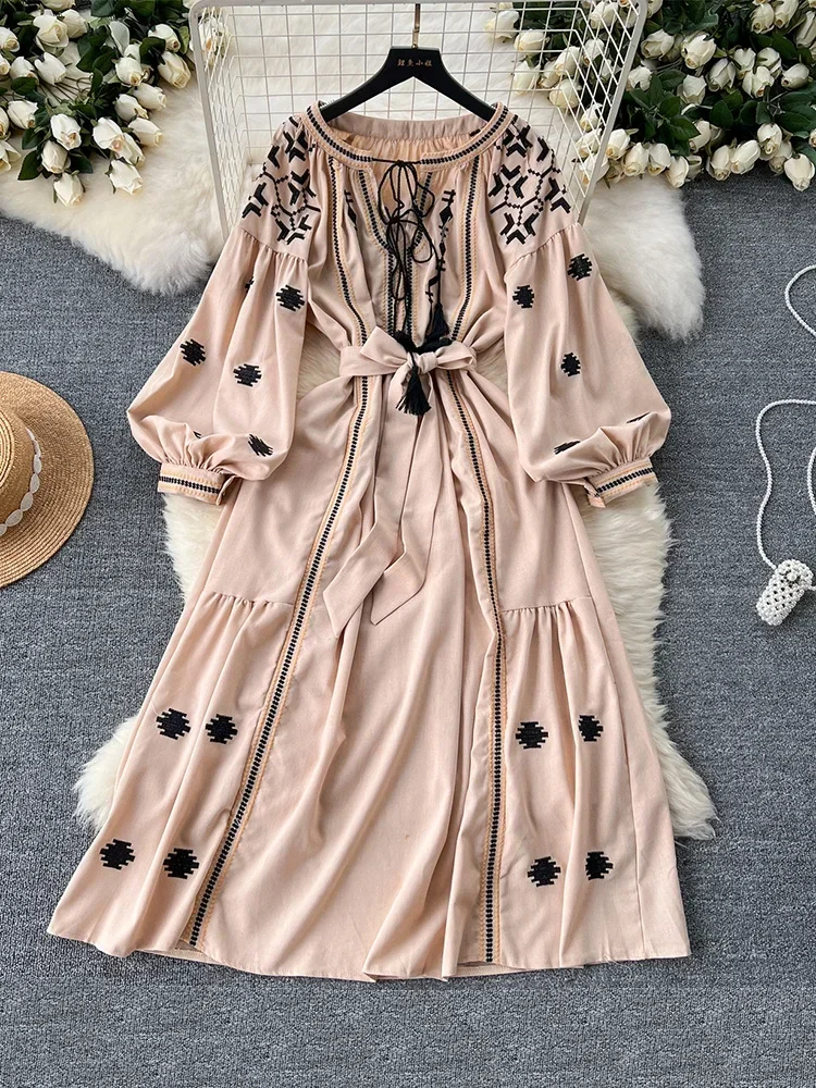 New Spring Women Bohemian Vacation Dress Travel Wear Sweet Western-style  Embroidery Loose Waist Large Hem Long Sleeve Dress A57 - AliExpress  200000345