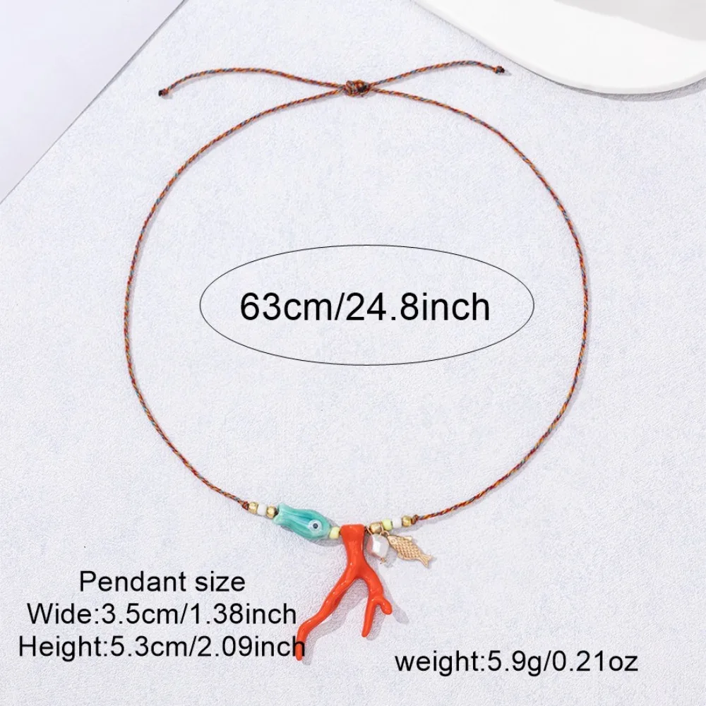 Bohemia Ocean Imitation Coral Glass Fish Pendant Necklace Multi-color Braided Rope Adjustable Women's Choker Party Jewelry Gifts