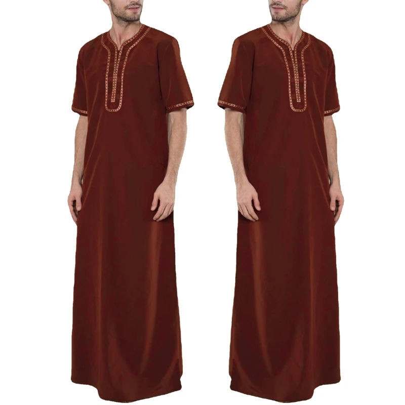 

Vintage Loose Muslim Caftan Robes Men Half Sleeve Fashion Jubba Thobe Man Leisure Solid Color Pattern Islamic Clothing