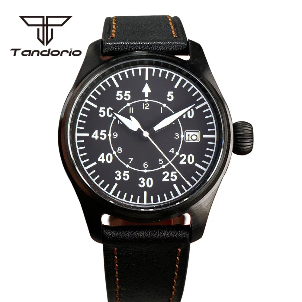 Tandorio NH35A Movement Black PVD Pilot Aviator 39mm 20Bar Dive Men Automatic Watch Date Display Big Screw Crown Sapphire Glass tandorio diving automatic watch for men nh35a movement 20atm auto date 200m water resist 39mm sapphire crystal screw in crown