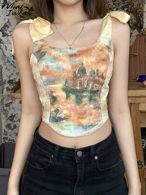 Whatiwear Summer Women T-shirts Y2k Vintage Corset 2022 Aesthetic Print Backless Top Fashion Woman Blouses Party Streetwear yellow