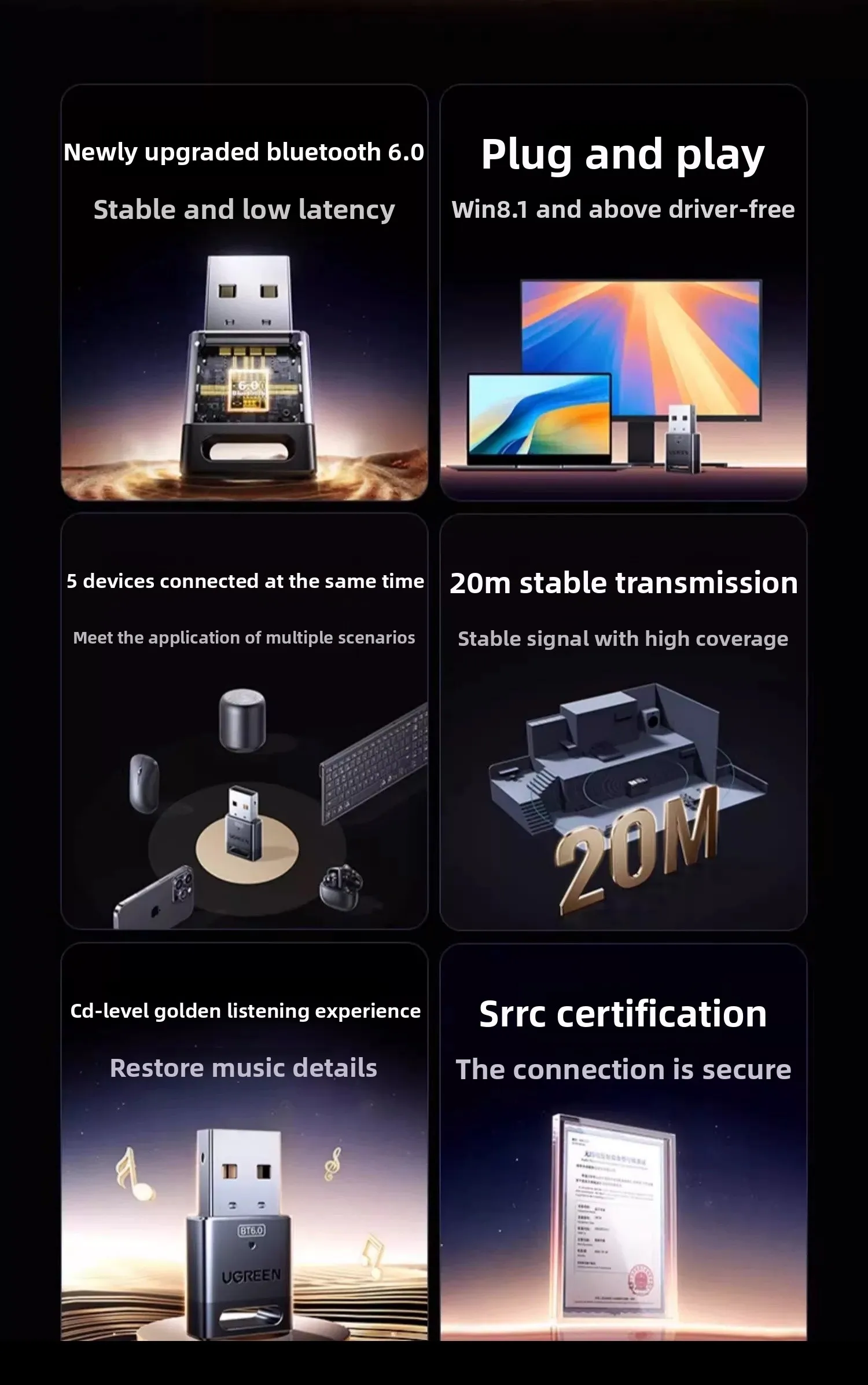 UGREEN USB 블루투스 어댑터 6.0 무선 블루투스 송신기 키보드, 마우스, 헤드폰 호환