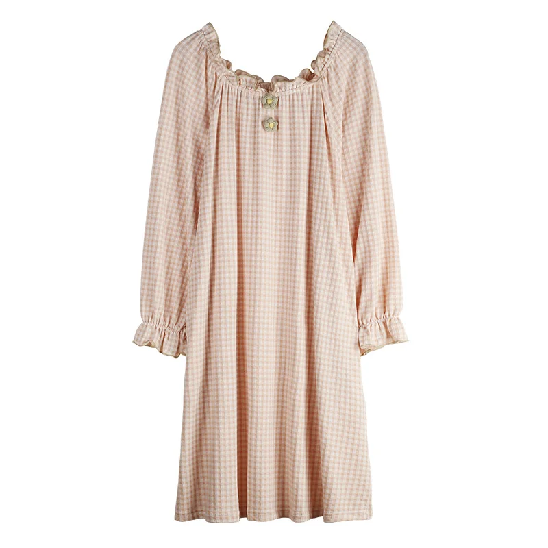 

New Spring&Autumn Women's Plaid Pijamas Home Clothes Nightshirt Women Causal Nightgowns Sleepwear Cotton Ladies Nightdress