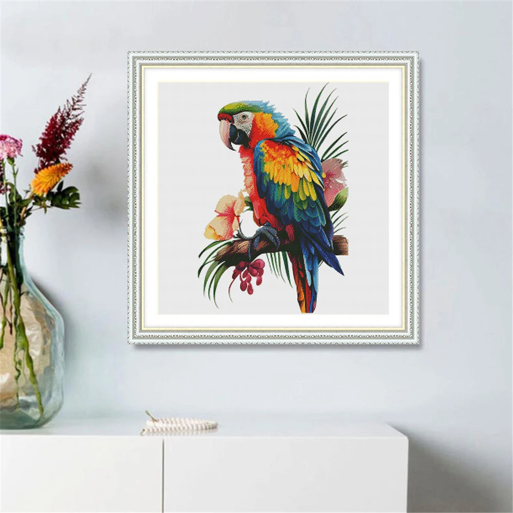 HUACAN Embroidery Colorful Animal Printed Canvas DIY Handmade Home Decoration Cross Stitch Flower Parrot Kits Needlework 16CT