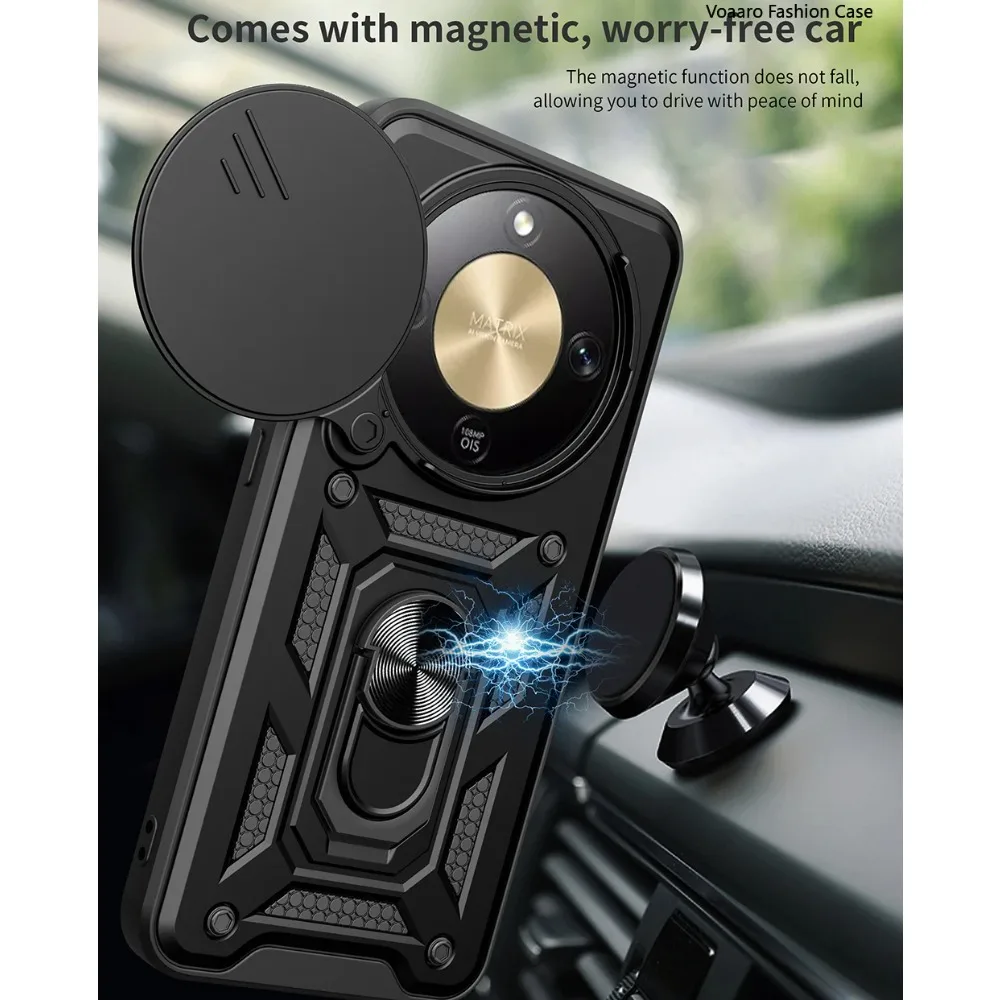 Magnetic Ring Stand Armor Case with Rotating Slide Lens Cover