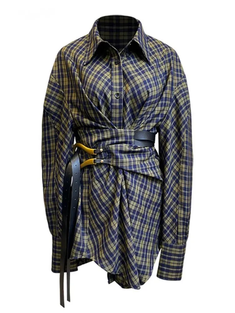 

NICEWOMEN 2023 Autumn New Women's Shirt Lapel Single Breasted Vintage Plaid Bandage Long Sleeve Designer Blouse Fashion Female