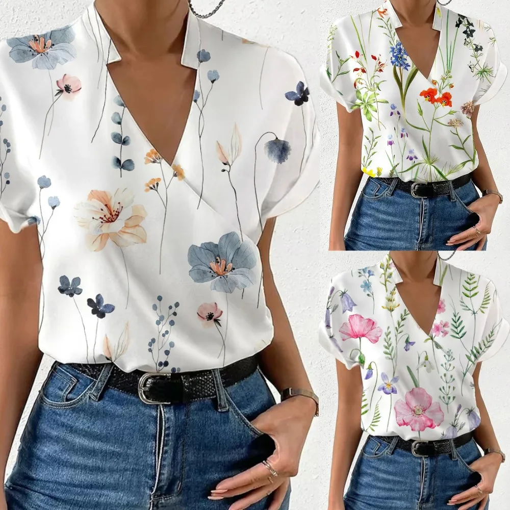 

Summer Loose V-Neck Stand Collar Printed Shirt Shirt for Women 2024 Summer Blouses New Fashion Short Sleeve Commuting T-Shirt
