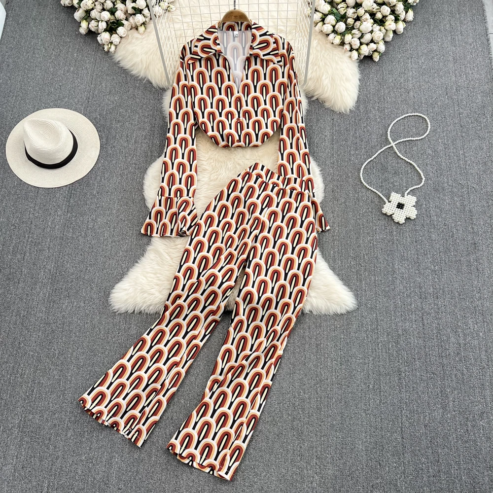 

Fashion Suit Female Temperament Print Loose Bell-sleeved Shirt Two-piece High Waist Slim Straight Wide Leg Pants