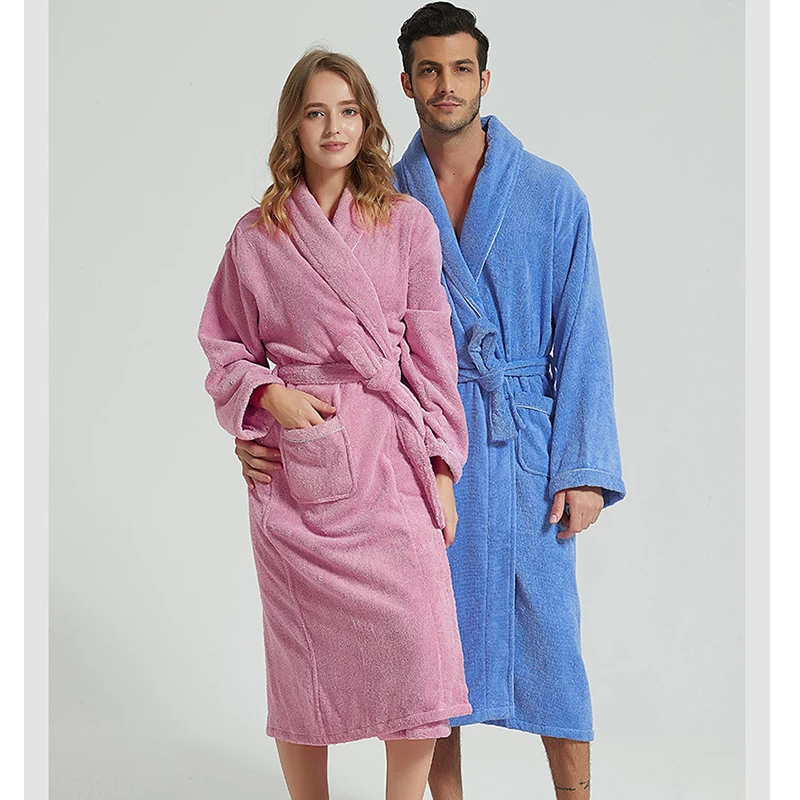 Men's Terry Bathrobe Luxury Turn Down Collar 100% Cotton Kimono With Sashes Solid Bath Robe Pockets Dressing Gown For Male