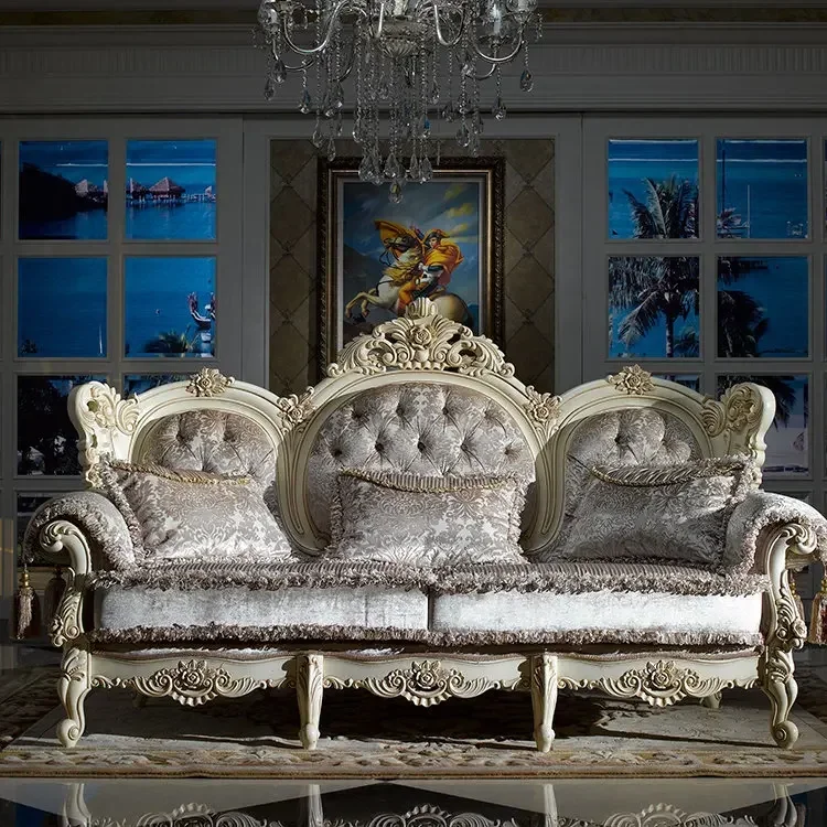 

Custom antique white cloth sofa combined with European high-grade carved luxury solid wood sofa living room furniture