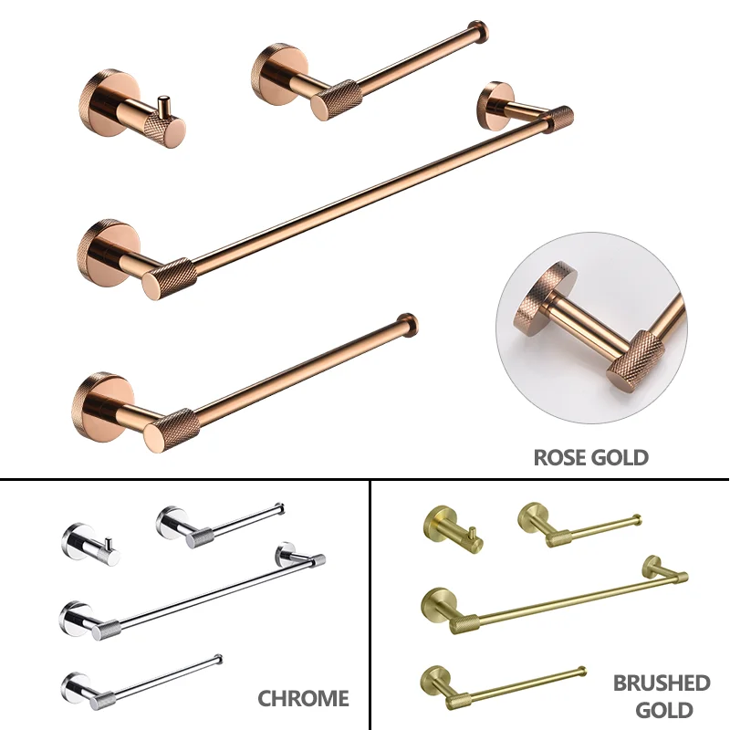 Glossy Rose Gold Chrome Bathroom Hardware Set Wall Mounted Hand Towel Holder Toilet Roll Holder Bathrobe Hook Hanger