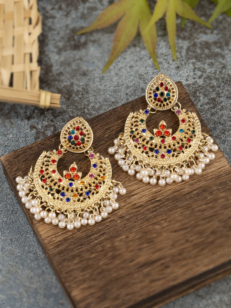 Exaggerated Pendant Earrings for Women Bohemian Colorful Zircon Crystal Pearls Tassel Earrings Retro Alloy Ethnic Indian Jewelry