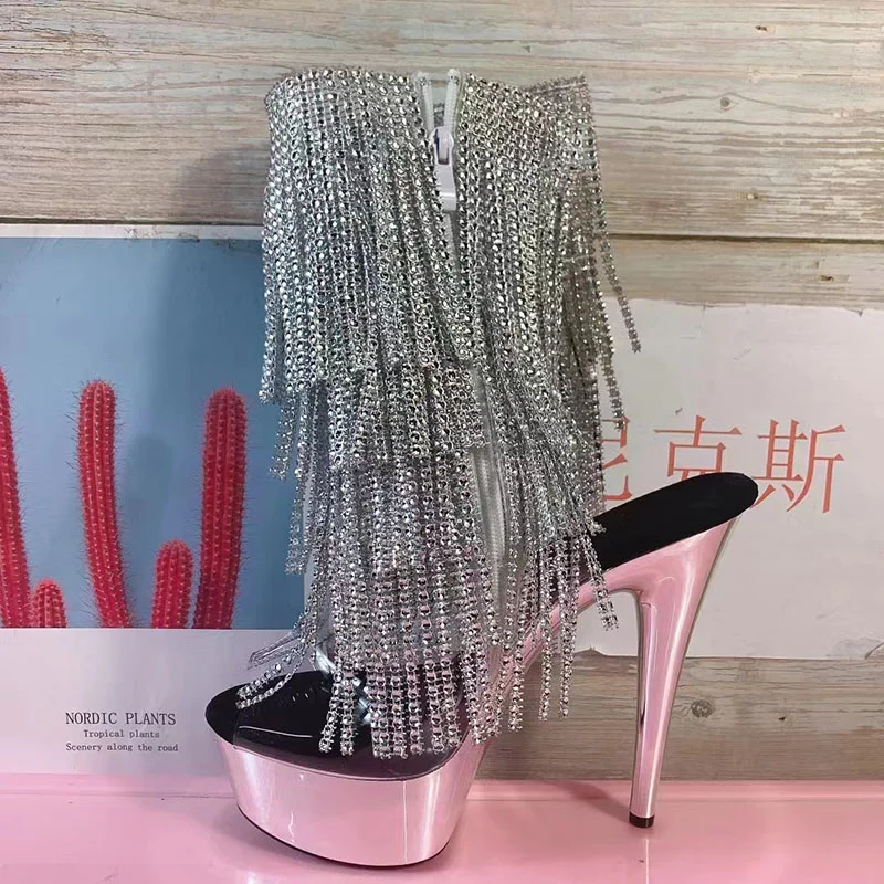 6 inch heels, stylish 15cm electroplated stiletto heels, beaded sequins, pole dancing ankle boots for party club dance shoes