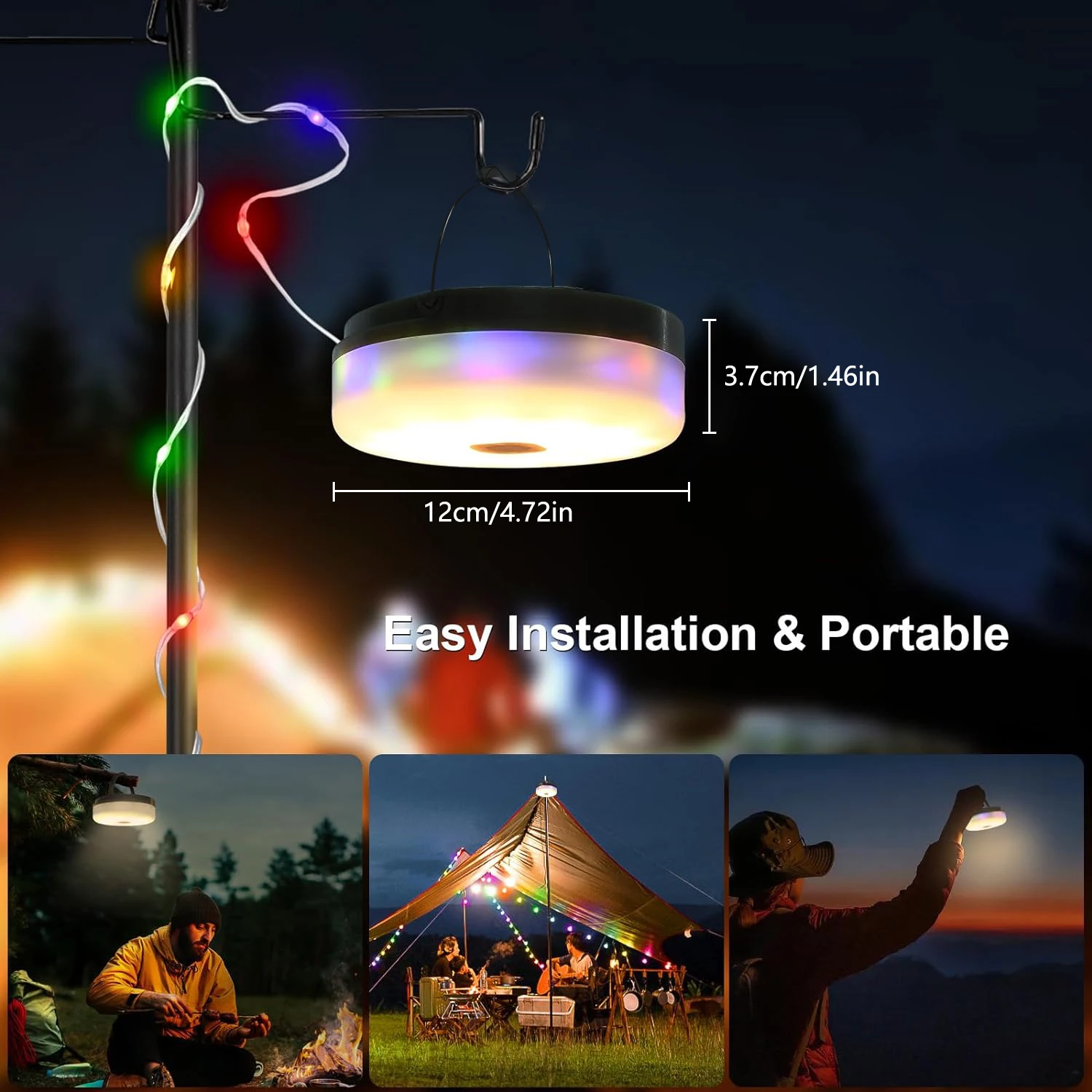 Solar Powered Camping Light String,1CountRechargeable Outdoor Waterproof LightString with 8 Modes, Portable Light Stringfor Summ