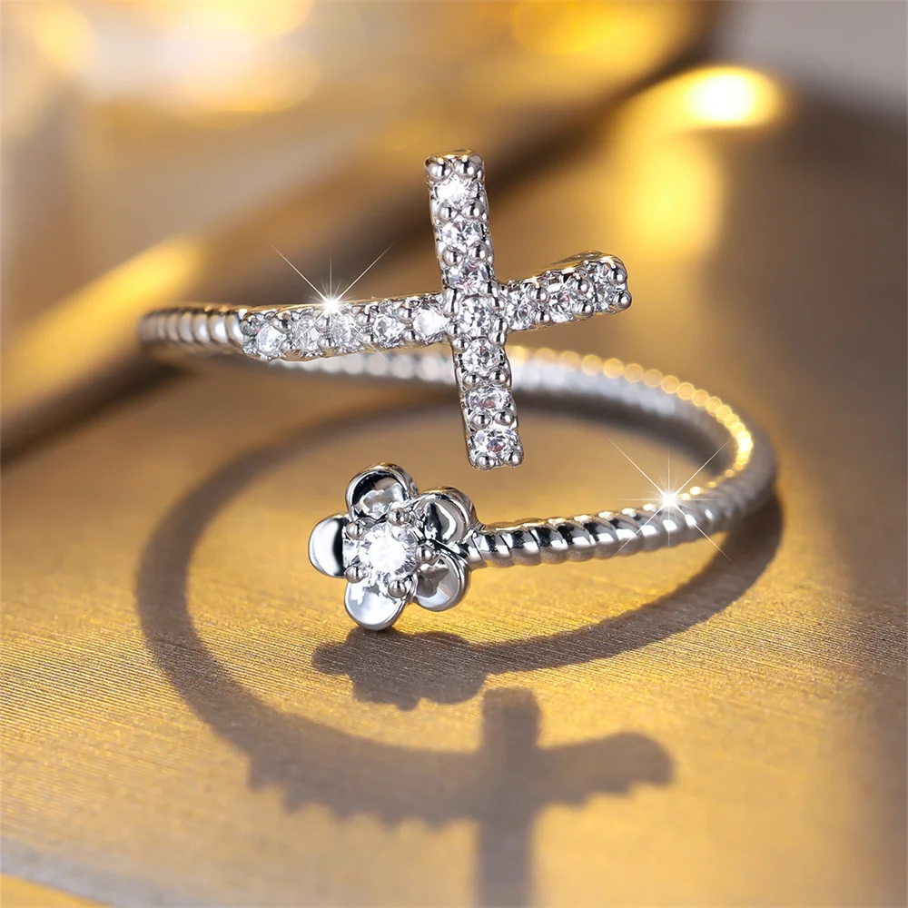 Cute Plumeria Flower White Zircon Cross Opening Ring Vintage Rose Gold Silver Color Wedding Bands Engagement Jewelry For Women